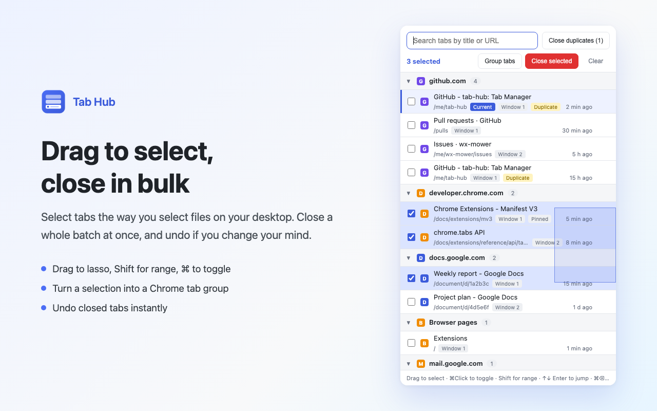 Tab Hub: drag to select, close in bulk